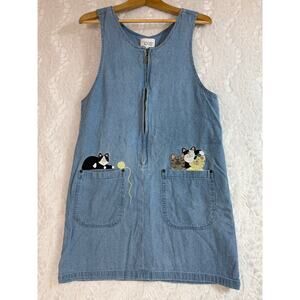 VTG 90s Y2K Christopher & Banks Embroidered Denim Cats Yarn Dress Pockets S / M*